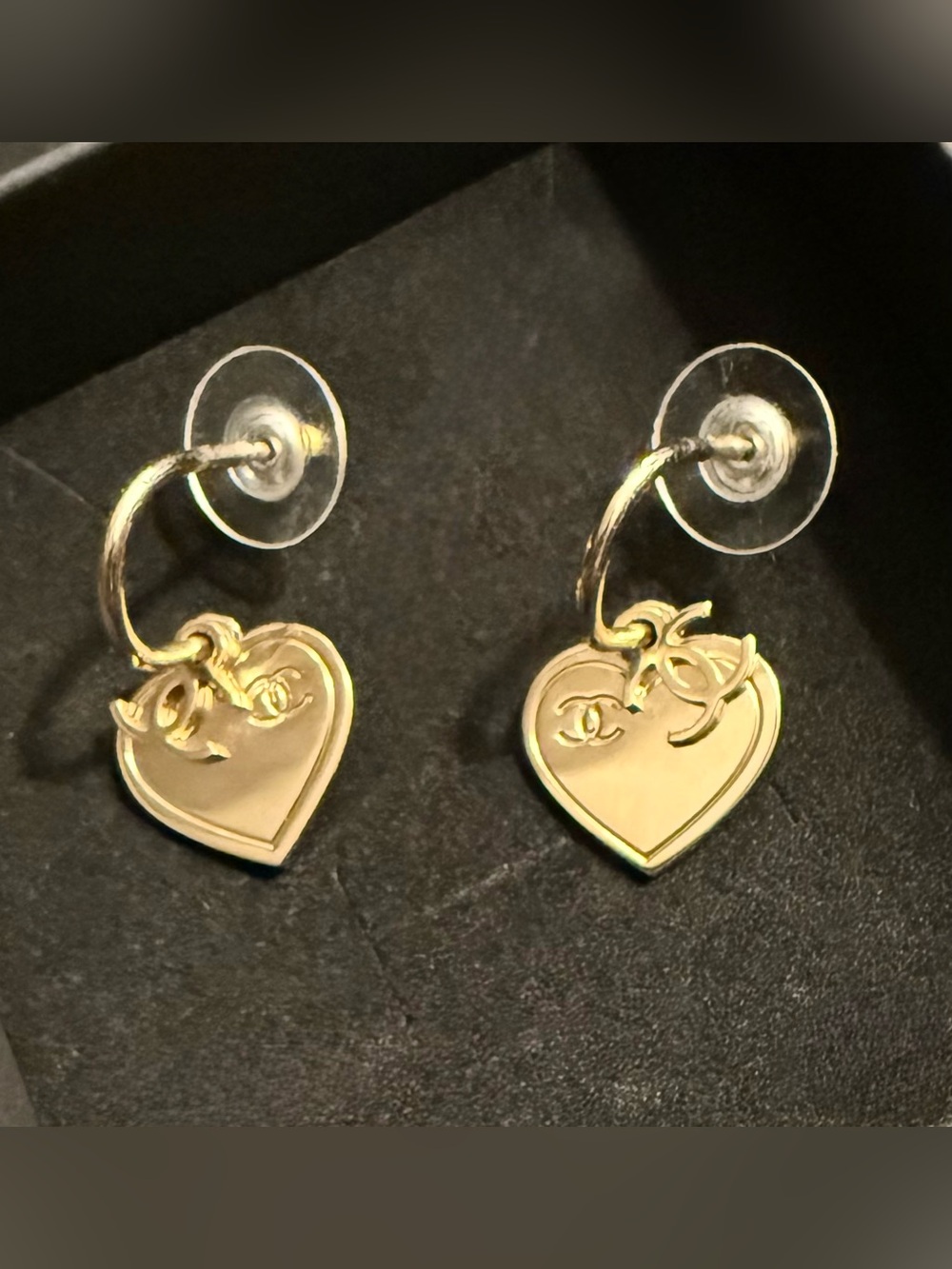100% Authentic Chanel Gold Tone CC Heart Drop Earrings COA Included